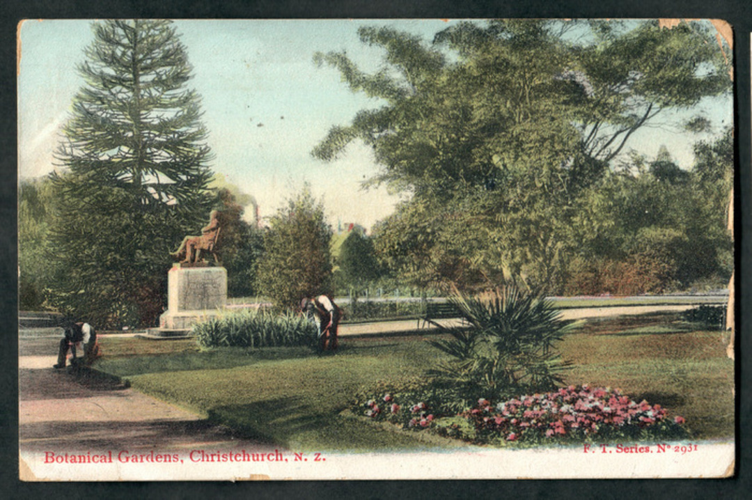 Coloured postcard of Botannical Gardens Christchurch. Some damage. - 48522 - Postcard image 0