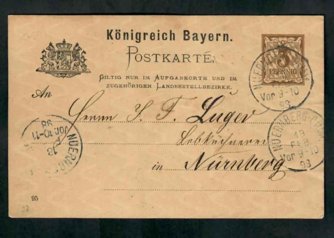 BAVARIA 1898 Postcard 3pf Brown posted across town NUERNBERG. From the collection of H Pies-Lintz. - 31318 - PostalHist image 0