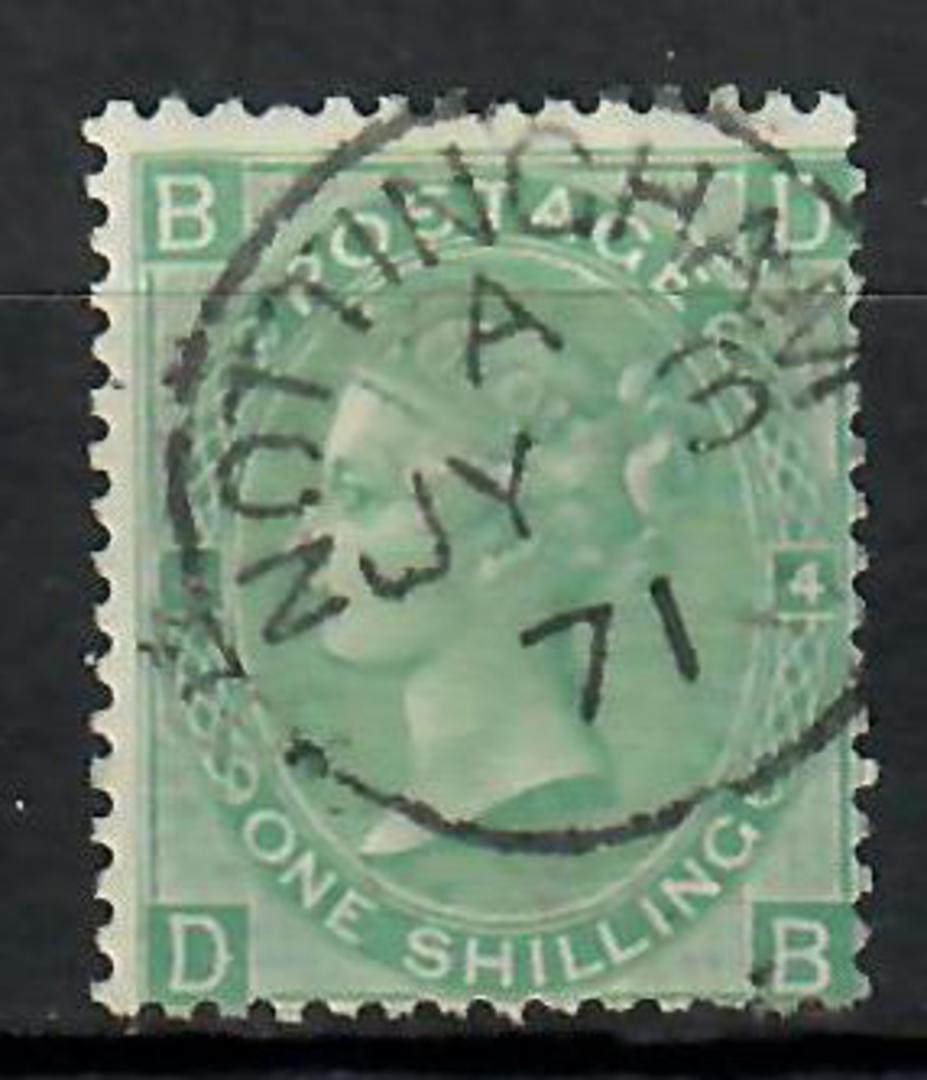 GREAT BRITAIN 1865 Victoria 1st Definitive 1/- Green with superb NOTTINGHAM JY 3 71 cancel. Plate 4. - 70568 - VFU image 0