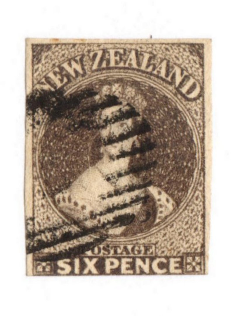 NEW ZEALAND 1862 Full Face Queen 6d Black-Brown Imperf.Watermark Large Star. Three margins. Bars cancel. - 79222 - Used image 0