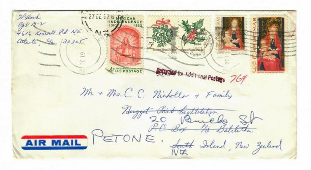 USA 1967 Letter to New Zealand. Returned for Additional Postage 76c, but the additional does not seem to have been added. Christ image 0
