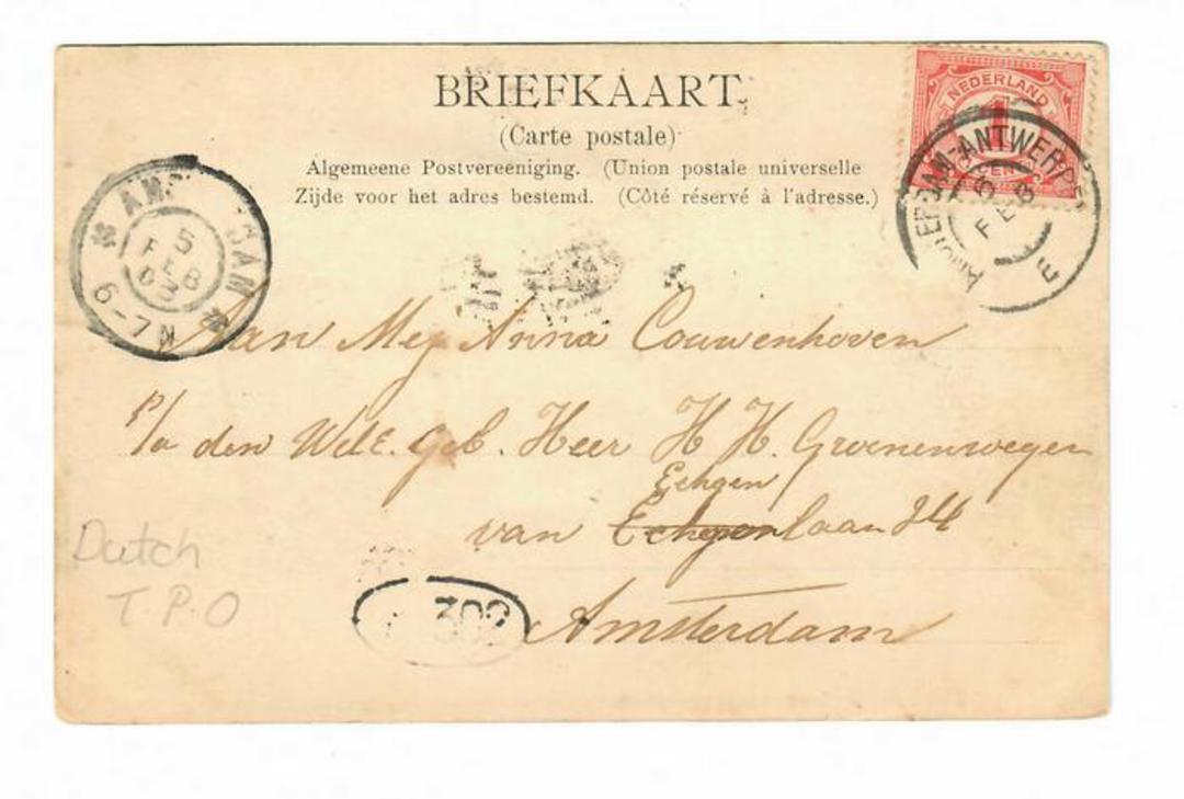 NETHERLANDS 1903 Amsterdam to Antwerp Railway Travelling Post Office Postmark on Postcard of Haarlem. - 30401 - Postmark image 0