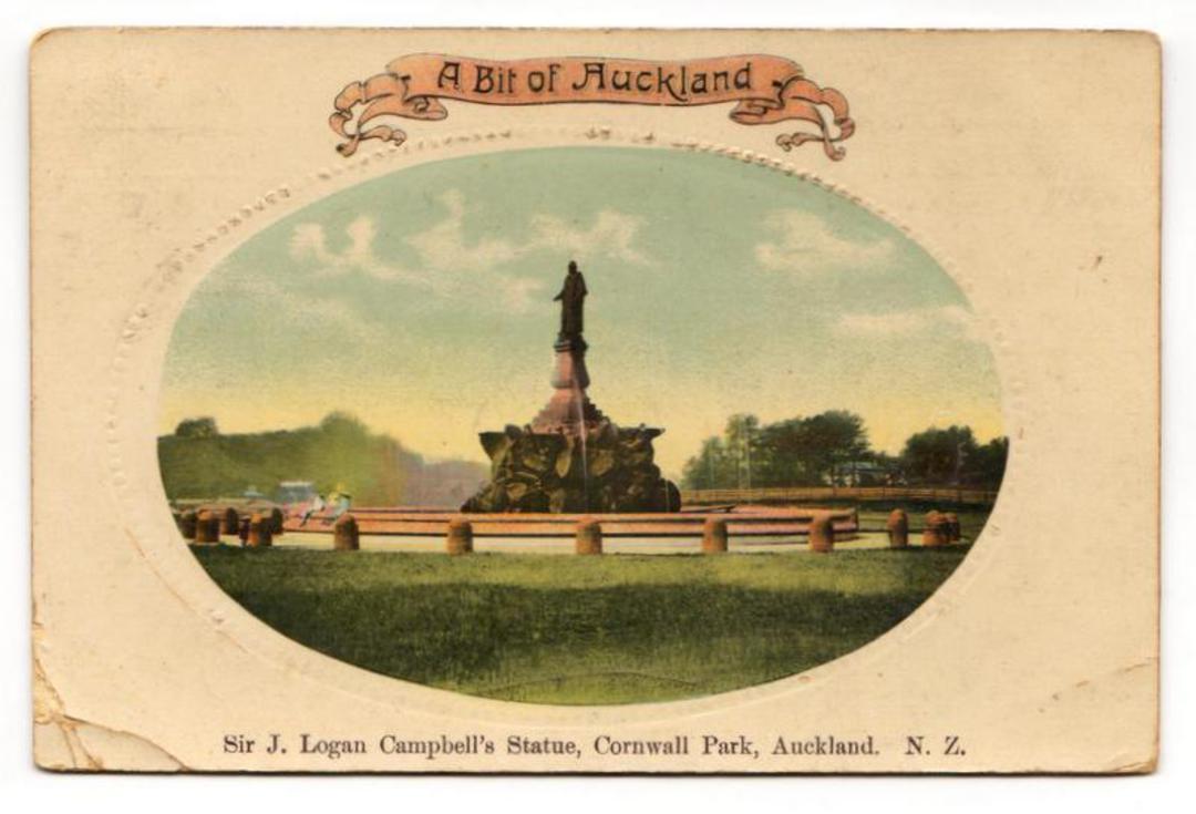 Coloured postcard of Sir John Logan Campbell's Statue Cornwall Park. One bad corner. - 45648 - Postcard image 0