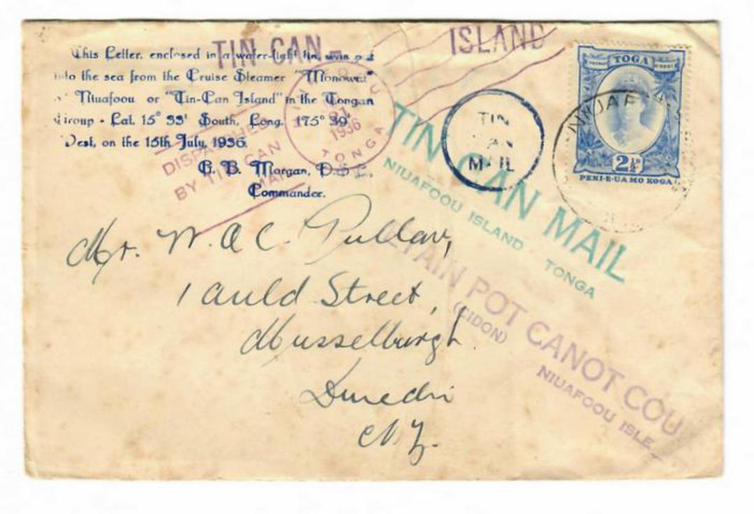 TONGA 1936 Cover dispatched by Tin Can Mail. Standard markings both sides. - 30556 - PostalHist image 0