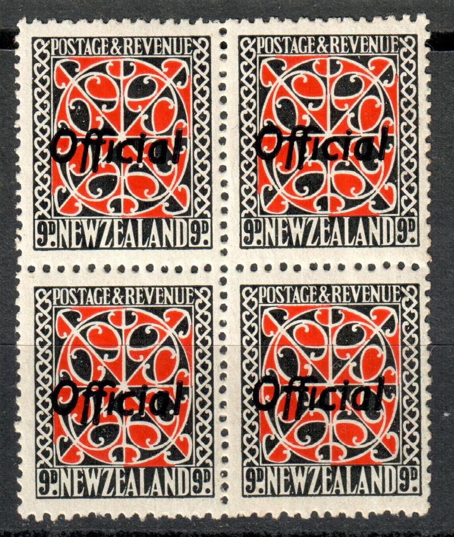 NEW ZEALAND 1935 Pictorial Official 9d Red and Black. Block of 4. - 71903 - UHM image 0