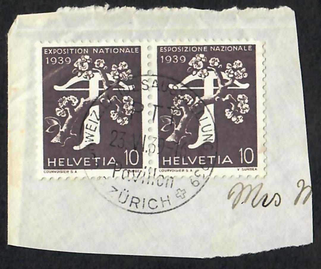 SWITZERLAND 1939 National Exhibition Paris 10c Blackish-Brown. Joined pair on piece with special postmark. - 23317 - VFU image 0
