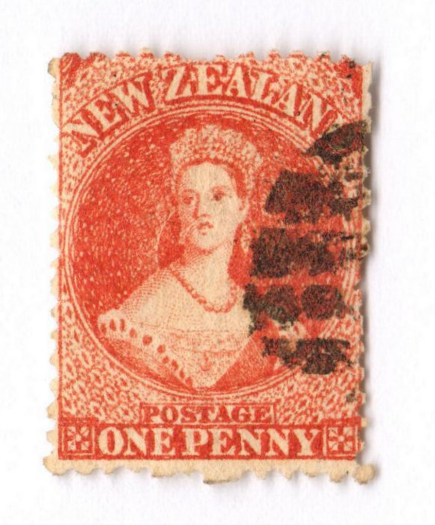 NEW ZEALAND 1862 Full Face Queen 1d Carmine-Vermilion. Nice postmark bars off face. Definite red shade. - 3586 - FU image 0