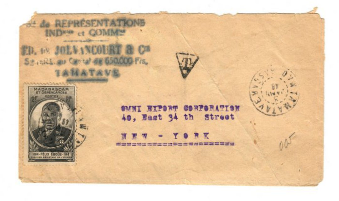 MADAGASCAR 1949 Airmail Letter from Tamatave to USA. Triangular T mark for short paid postage. - 37673 - PostalHist image 0