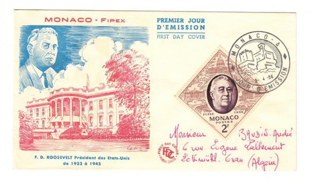 MONACO 1956 Fipex International Stamp Exhibition. President Roosevelt on first day cover. - 37843 - FDC image 0