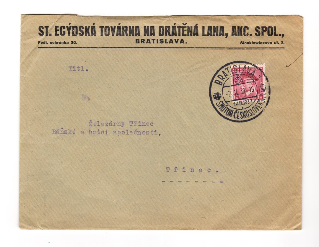 CZECHOSLOVAKIA 1937 cover with Special Postmark from Bratislava to Trinec. - 30920 - PostalHist image 0