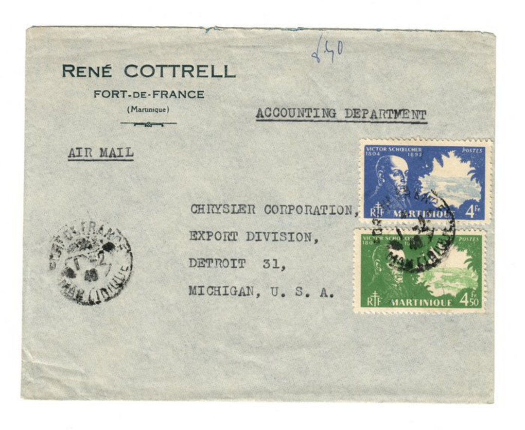 MARTINIQUE 1940 Airmail Letter from Fort de France to Detroit. - 37811 - PostalHist image 0