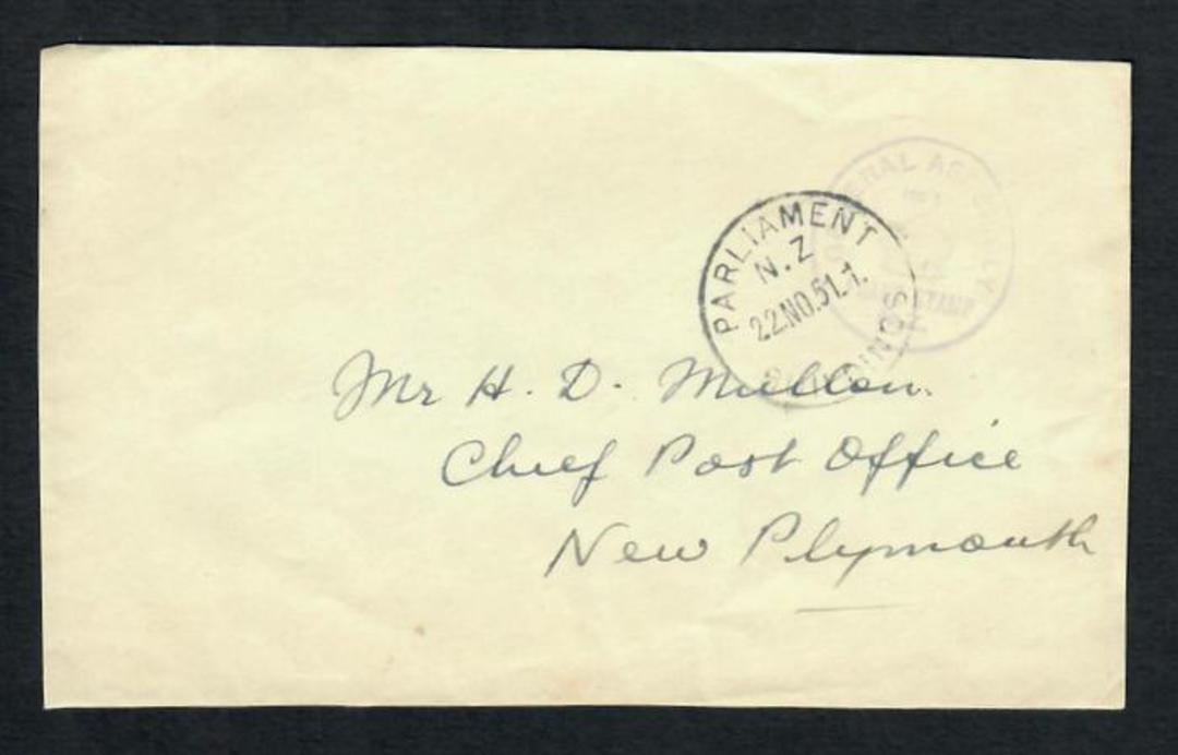 NEW ZEALAND 1951 Front from the General Assembly postmarked at Parliamment Buildings to the Chief Postmaster at New Plymouth. - image 0