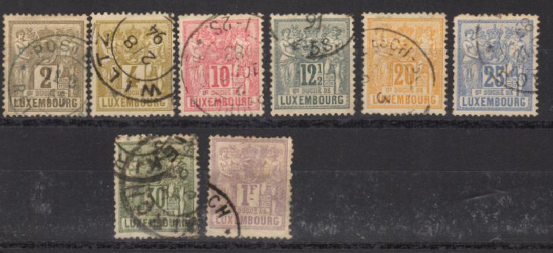 LUXEMBOURG 1882 Definitives. Simplified short set of 8. Perf 13½.  Includes the 12½c and the 1fr. The 30c has a heavy postmark. image 0