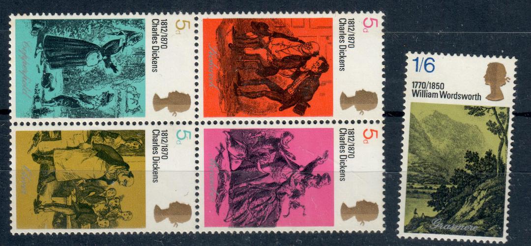 GREAT BRITAIN 1970Literary Anniversaries. Set of 5 including the block. - 20834 - UHM image 0
