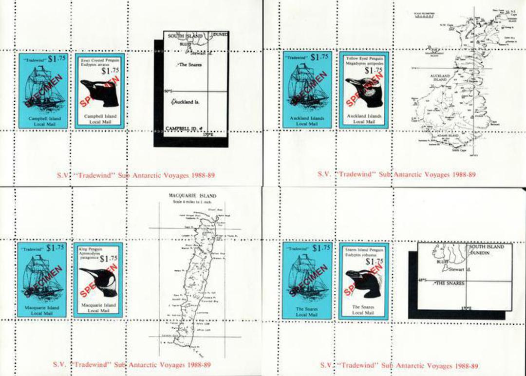 NEW ZEALAND 1988 Auckland Islands Local Mail. 4 miniature sheets all perforate. SPECIMEN. - 52374 - UHM image 0