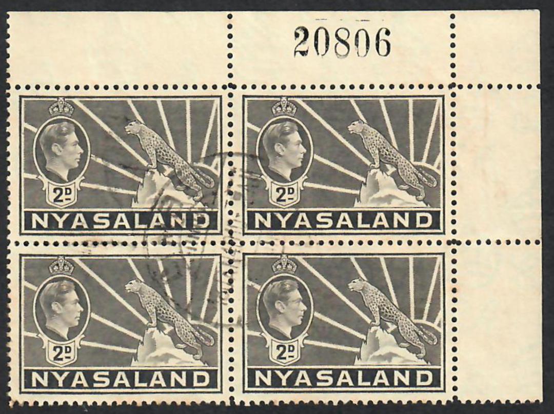 NYASALAND 1938 Geo 6th Definitives ½d Green 1d Brown 1½d Red 2d Grey and 3d Blue all in blocks of 4 either imprint block or corn image 1