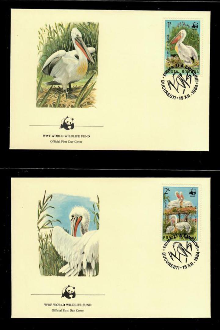 RUMANIA 1984 World Wildfile Fund. Pelican. Set of 4 in mint never hinged and on first day covers with 6 pages of official text. image 2