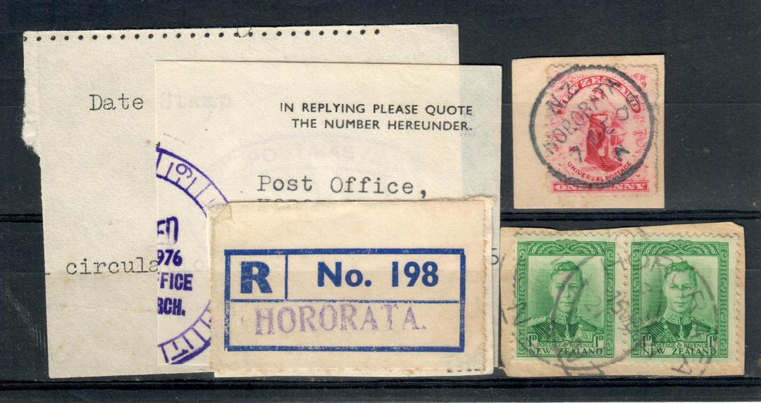 NEW ZEALAND Postmark Christchurch HORORATA. Little selection of goodies. A Class cancel on 1d Universal. J Class cancel on Geo 6 image 0