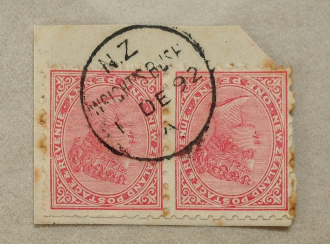 NEW ZEALAND Postmark Invercargill WRIGHT'S BUSH. A Class cancel on pair of 1d Second Sideface on piece. - 79572 - Postmark image 0