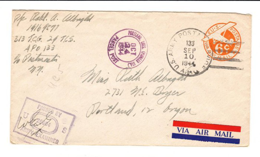 USA 1944 Censored air letter to Oregon. US Army Postal Service. image 0
