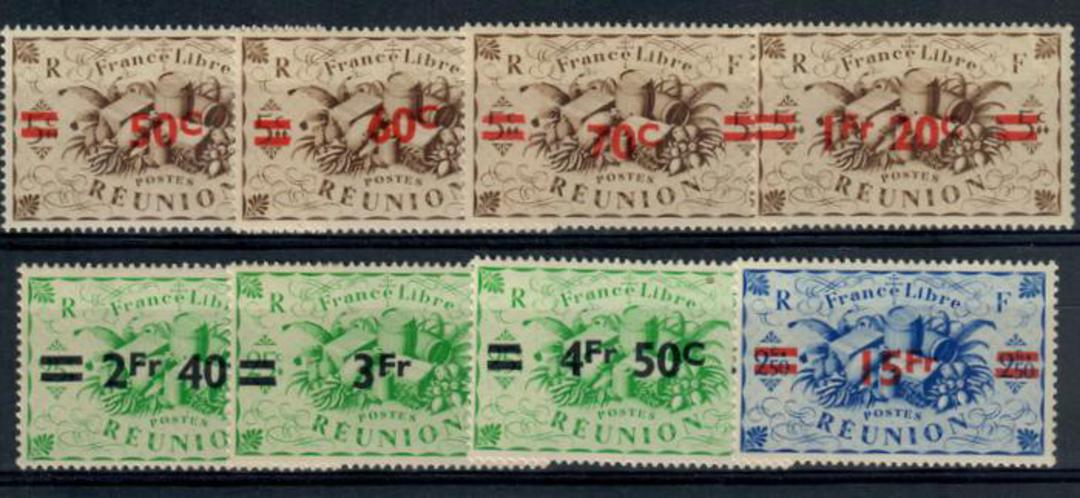 REUNION 1945 Free French Definitive Surcharges. Set of 8. - 21438 - LHM image 0