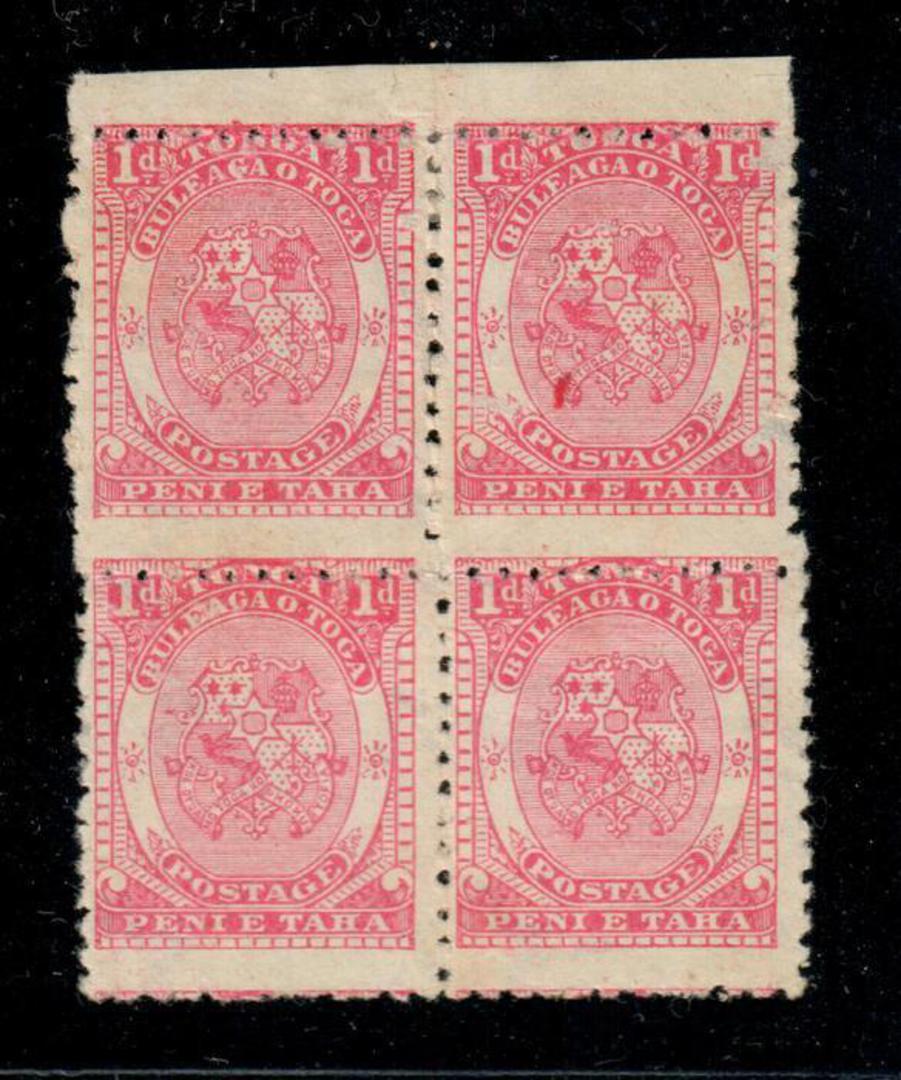 TONGA 1892 Definitive 1d Bright Rose. Block of 4. It may be that the bottom right staamp is SG 10c (catval £100). - 20310 - MNG image 0