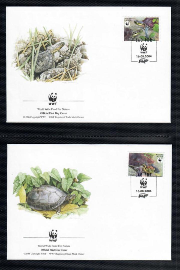 LAOS 2004  World Wildlife Fund. Malayan Box Turtle. Set of 4 in mint never hinged and on first day covers with 6 pages of offici image 2