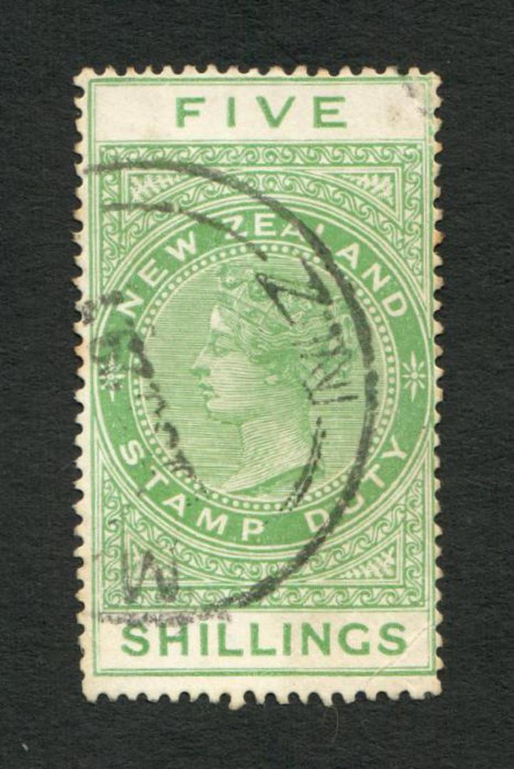 NEW ZEALAND 1882 Victoria 1st Long Type Postal Fiscal 5/- Green. Postally used. - 74679 - FU image 0