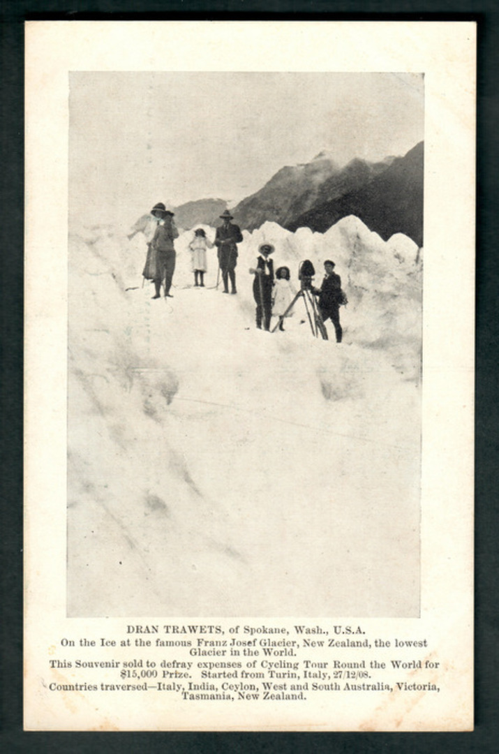 Postcard of by Dran Trawets (Spokane USA) of Franz Josef Glacier. Sold to defray round the world cycling trip. - 48845 - Postcar image 0