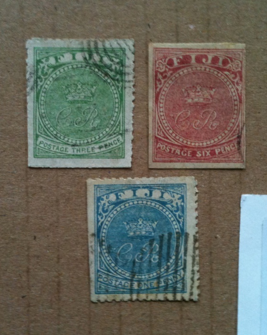 FIJI 1871 King Cakobau 1d Blue 3d Green and 6d Red. Lovely examples of the Spiro Forgeries. Set of 3. - 74208 - Used image 0