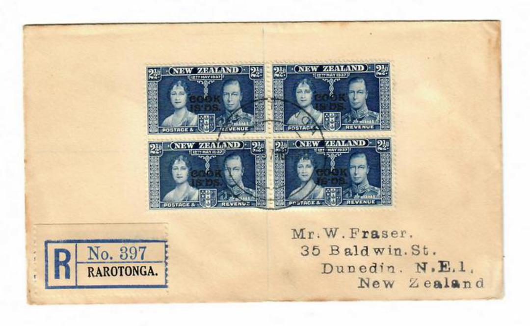 COOK ISLANDS 1937 Coronation. Set of 3 on first day covers in blocks of 4. - 30503 - FDC image 0