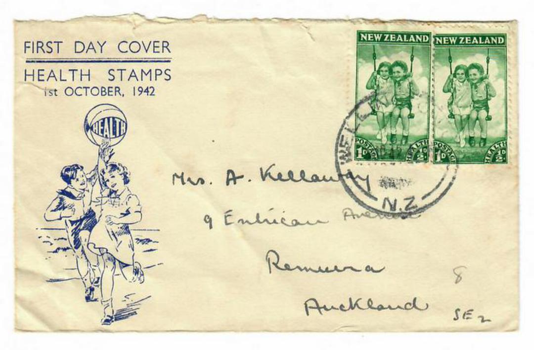 NEW ZEALAND 1942 Health 1d Green in pair on illustrated first day cover. - 30063 - Postal History image 0