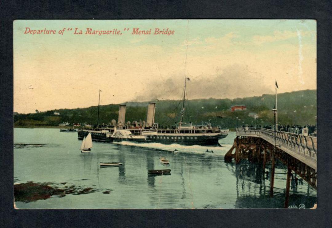 WALES Coloured Postcard of the departure of La Marguerite under Menai Bridge. Crease. - 40288 - Postcard image 0