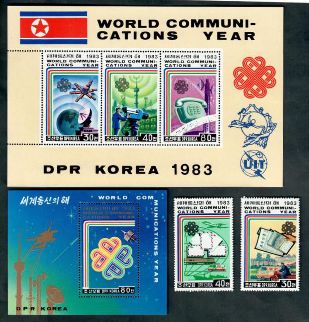 NORTH KOREA 1983 World Communications Year. Set of 2 and miniature sheet and sheetlet of 3. - 50402 - UHM image 0