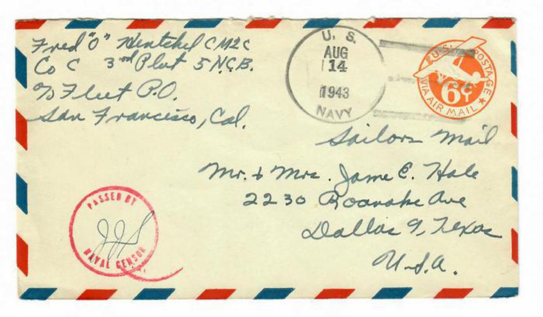 USA 1943 Airmail Letter. Postmark US Navy. Passed by Naval Censor. image 0