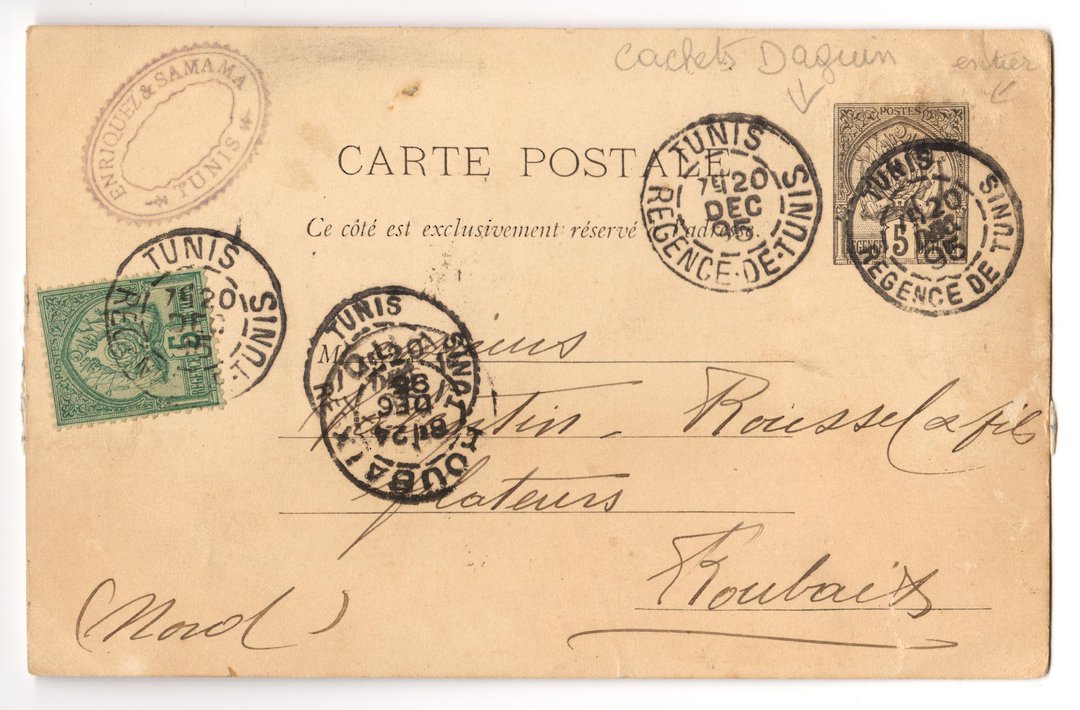 TUNISIA 1888 Carte Postale 5c Black. Commercially used in 1898 from Tunis to France. - 38312 - PostalHist image 0