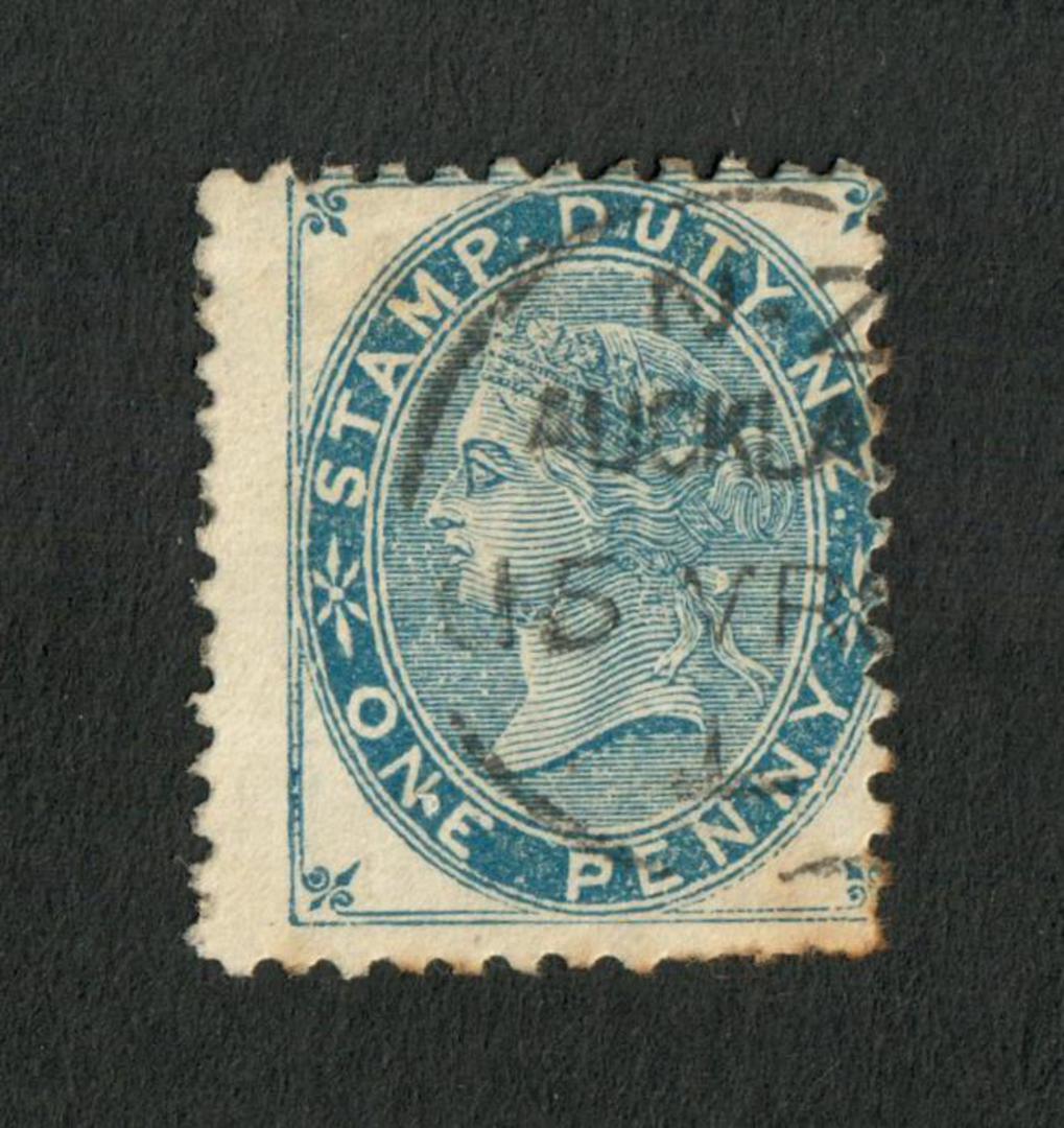 NEW ZEALAND 1882 Victoria 1st Postal Fiscal 1d Blue. Fine A class cancel. Postally used image 0