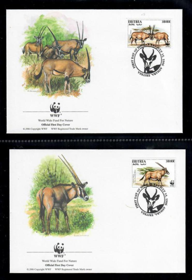 ERITREA 1996 World Wildlife Fund. Beisa Oryx. Set of 4 in mint never hinged and on first day covers with 6 pages of official tex image 2