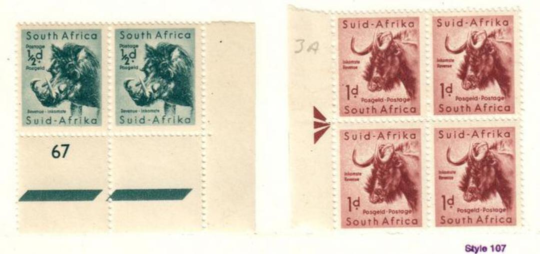 SOUTH AFRICA 1954 Definitive Â½d Deep Blue-Green Plate 67 corner pair and 1d Brown-Lake Block of 4 identied as 3A. - 20792 - UHM image 0