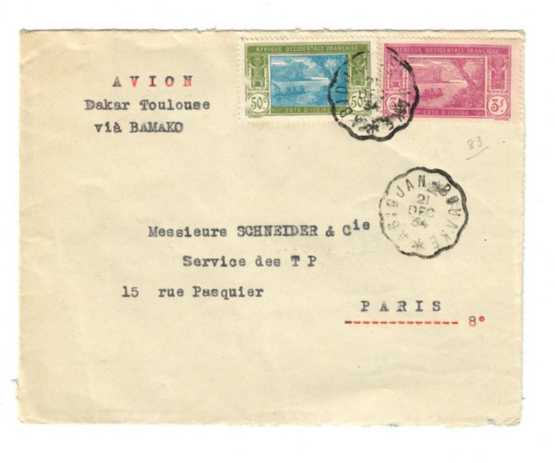 IVORY COAST 1934 Airmail (Dakar to Toulouse via Bamako). Letter from Abidjan to Paris.Dakar backstamp. - 37625 - PostalHist image 0