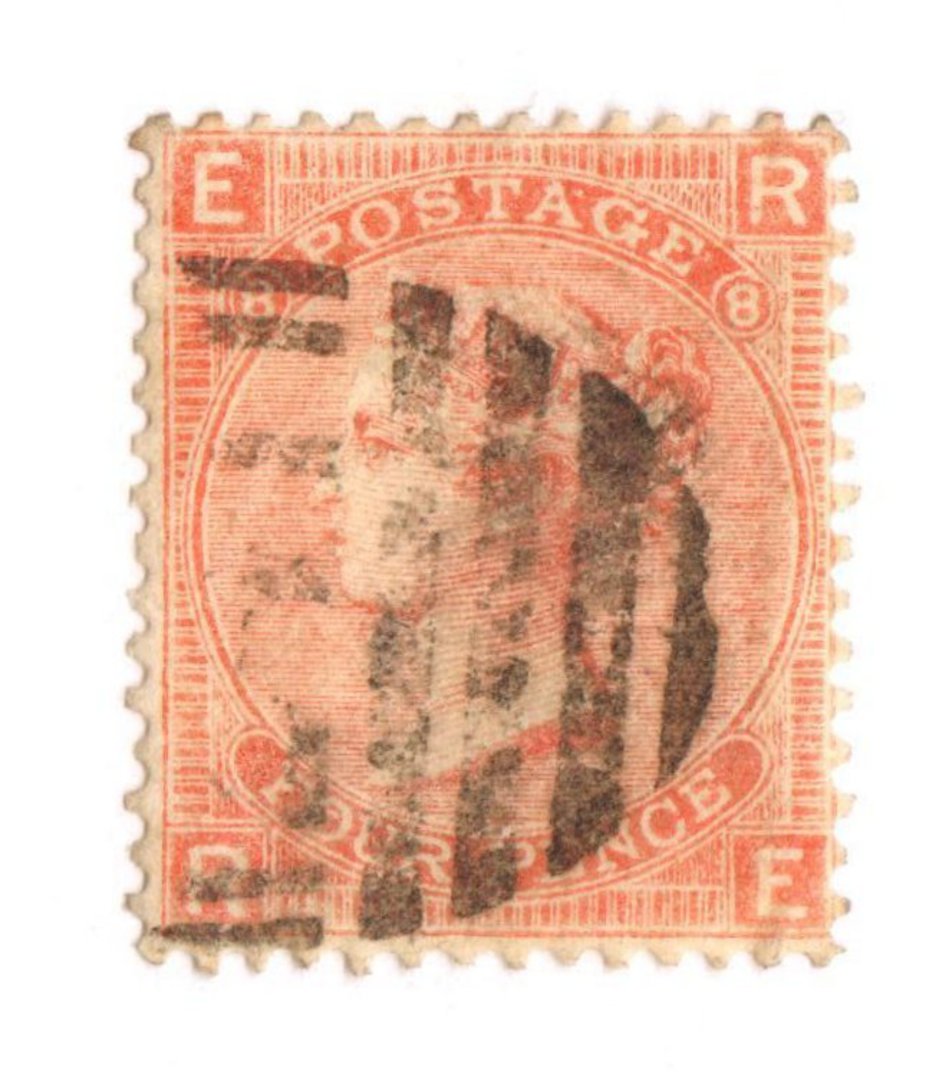 GREAT BRITAIN 1865 4d Vermillion. Plate 8. Well centred. Sound copy. Postmark Bars.Good perfs. - 70246 - Used image 0