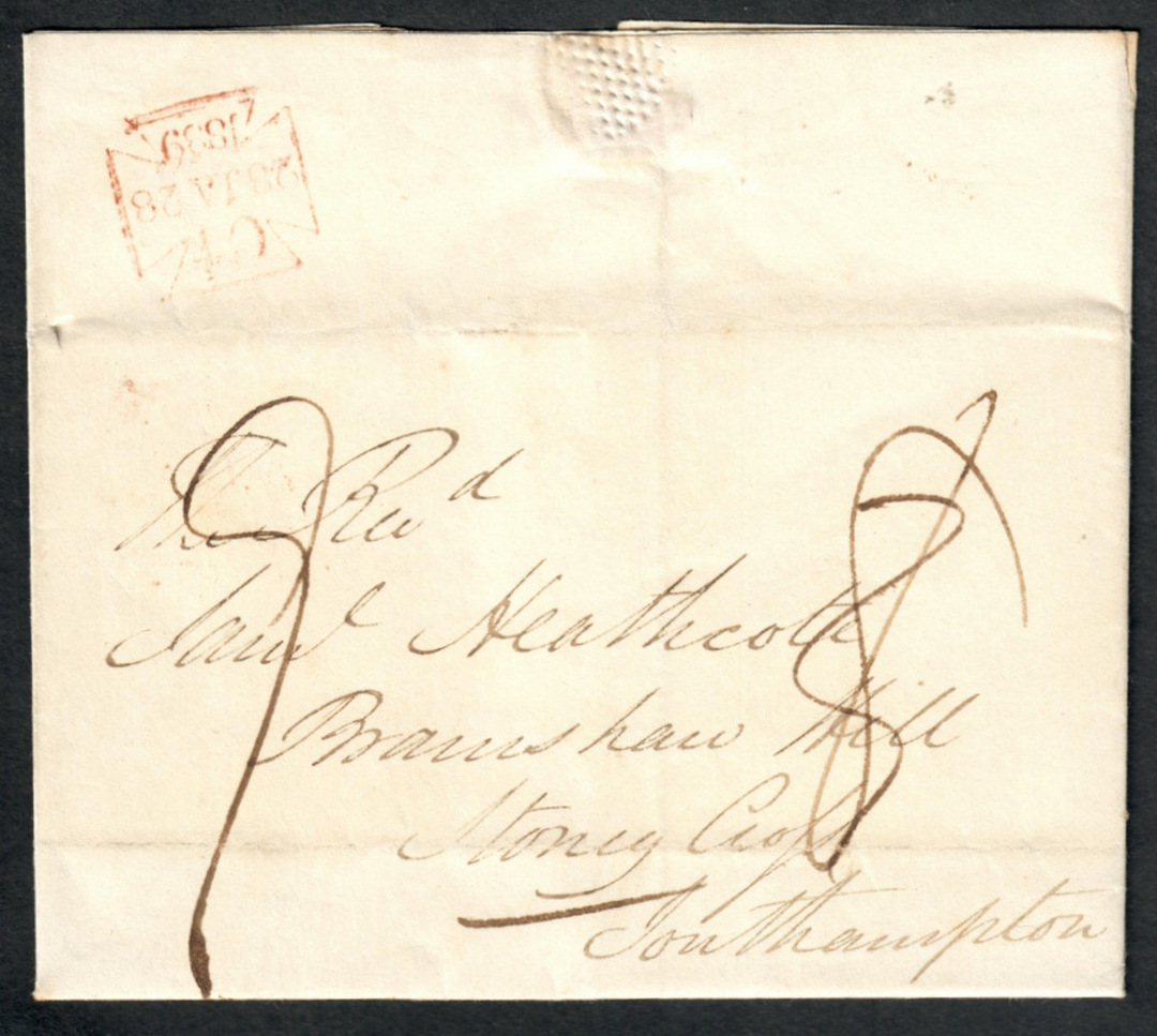 ENGLAND 1839 Letter from Charing Croo to Southampton. Red Maltese Cross canel  Manuscript markings. - 37110 - PostalHist image 0