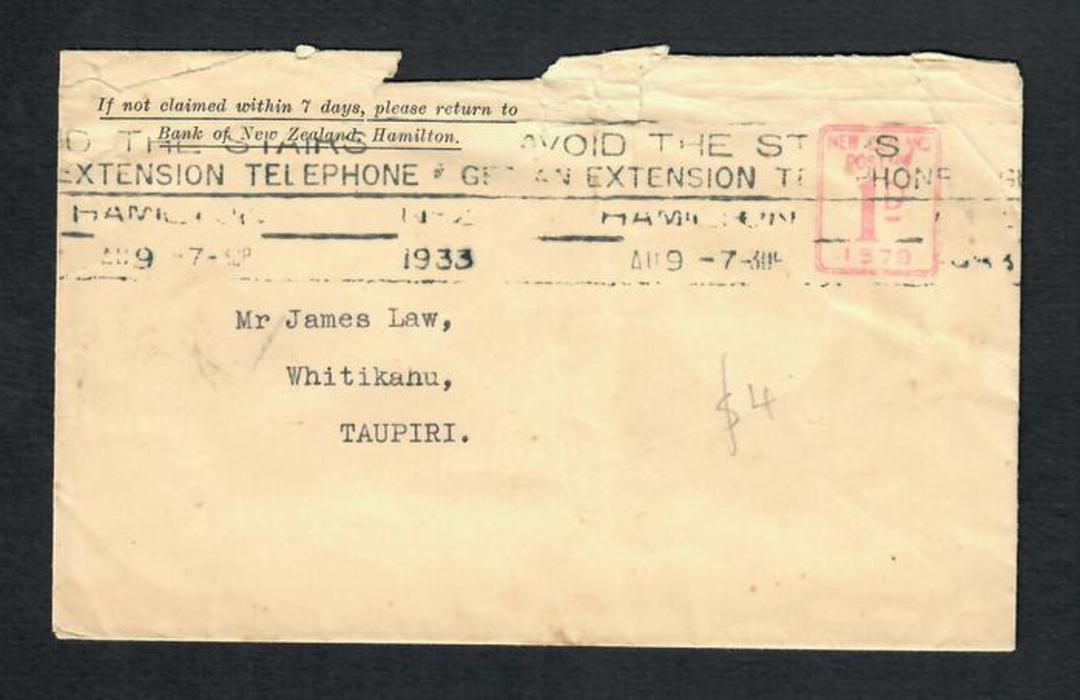 NEW ZEALAND 1933 Early meter mark on cover from BNZ. Slogan cancel. Tatty. - 31515 - PostalHist image 0