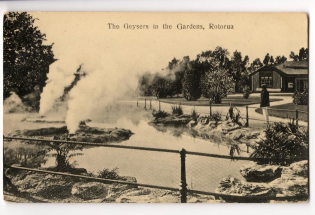 Real Photograph of the Geysers in the Gardens Rotorua. Issued by the Rotorua Press. - 46235 - Postcard image 0