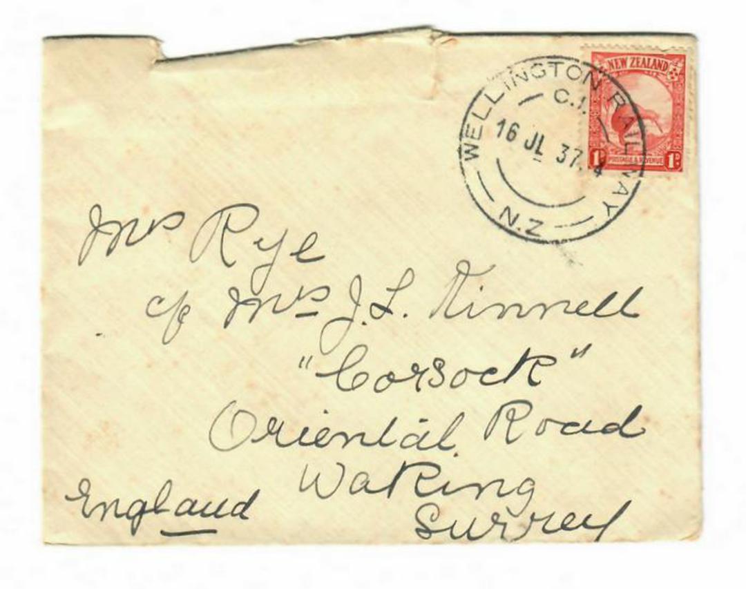 NEW ZEALAND Postmark Wellington WELLINGTON RAILWAY. J Class cancel on 1937 cover to England. Not listed by Wooders. - 30990 - Po image 0