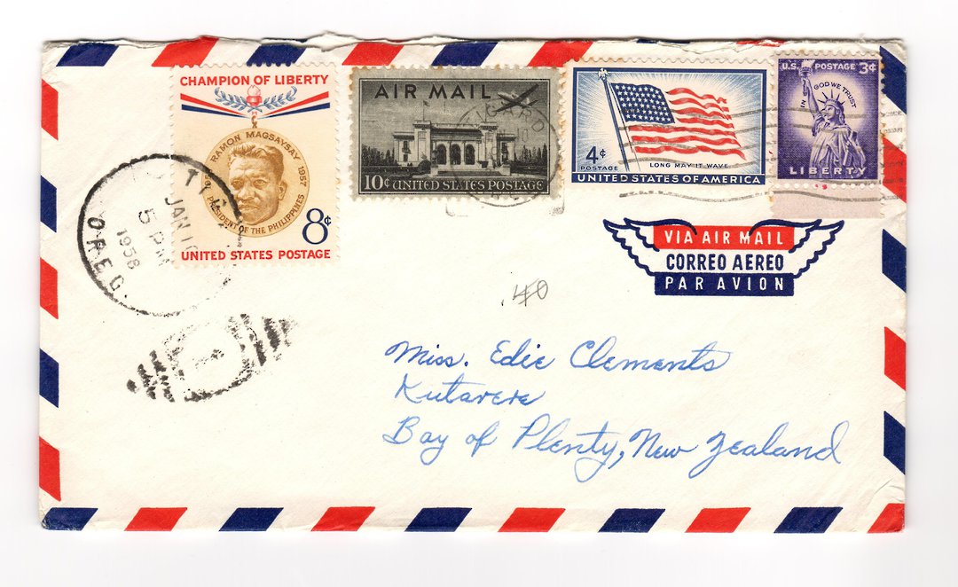 USA 1958 Airmail Letter to New Zealand with 1957 Christmas Greetings TB Cinderellas on the reverse (strip of three). - 36853 - P image 0
