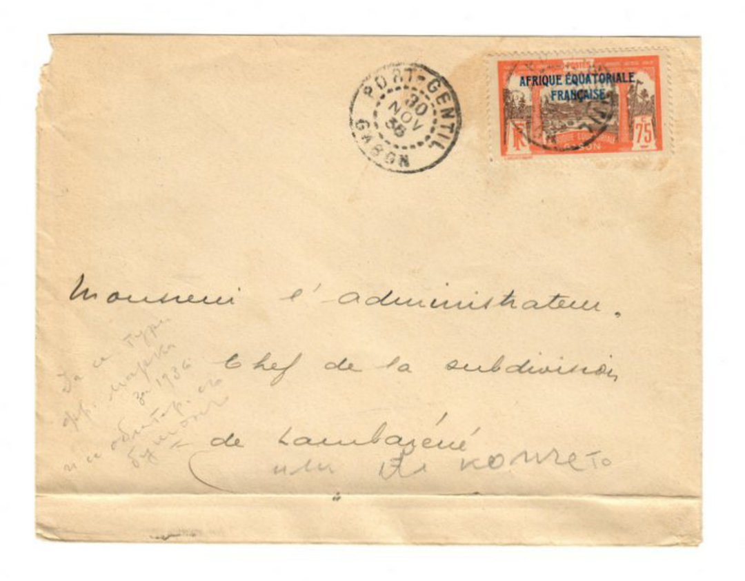 GABON 1936 Letter from Port-Gentil to Libreville. Folded at bottom. - 37581 - PostalHist image 0