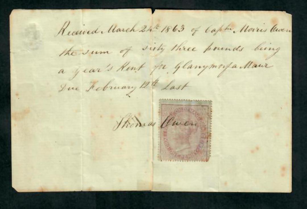 GREAT BRITAIN 1863 Receipt for the annual rent of Glanymorfa Manor with 1d 'Draft payable on demand or receipt'. Toning and spot image 0