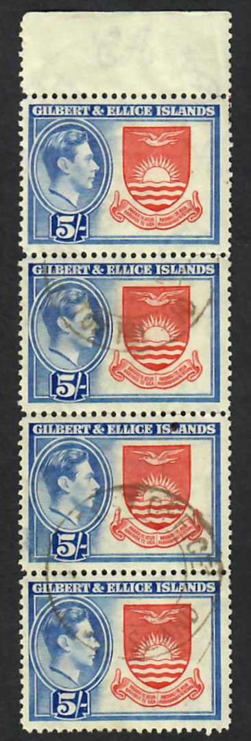 GILBERT & ELLICE ISLANDS 1939 Geo 6th Definitive 5/- Deep Rose-Red and Royal Blue in strip of 4. - 21751 - FU image 0