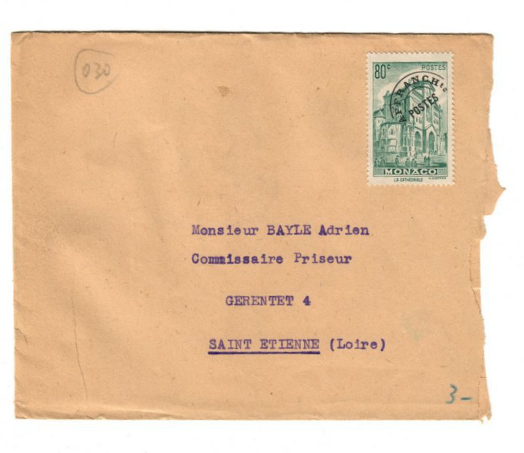 MONACO 1939 Letter from Monaco with pre-cancel to St Etienne. Cachey on the reverse. image 0